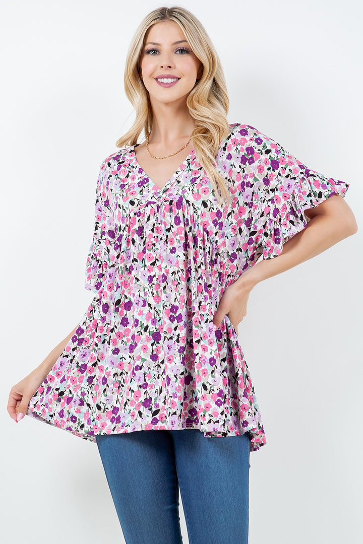 SHB5640-2-Wholesale Purple Floral short sleeve top
