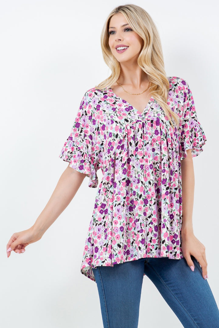 PURPLE FLORAL SHORT SLEEVE TOP