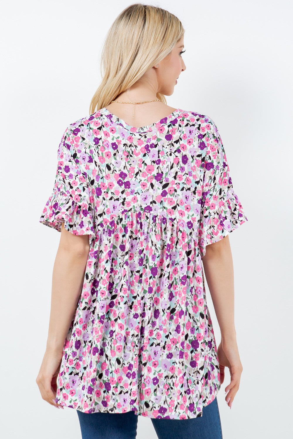 PURPLE FLORAL SHORT SLEEVE TOP