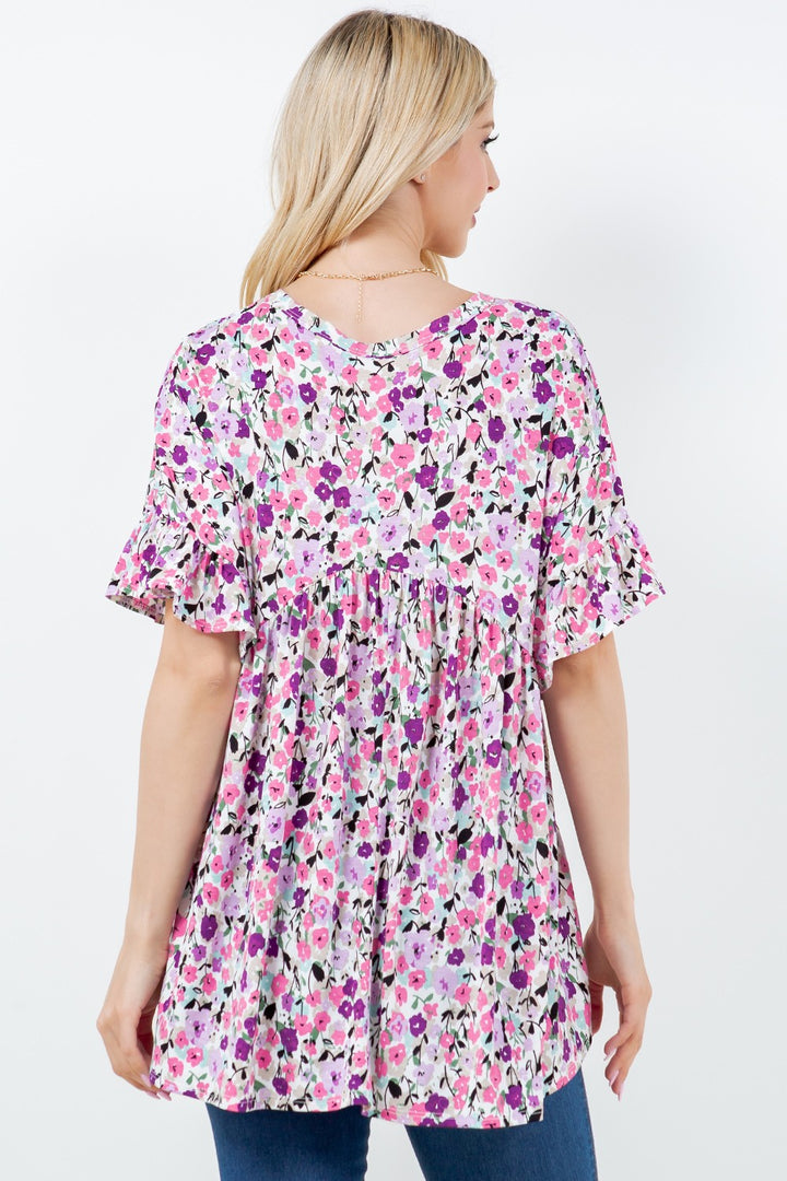 PURPLE FLORAL SHORT SLEEVE TOP