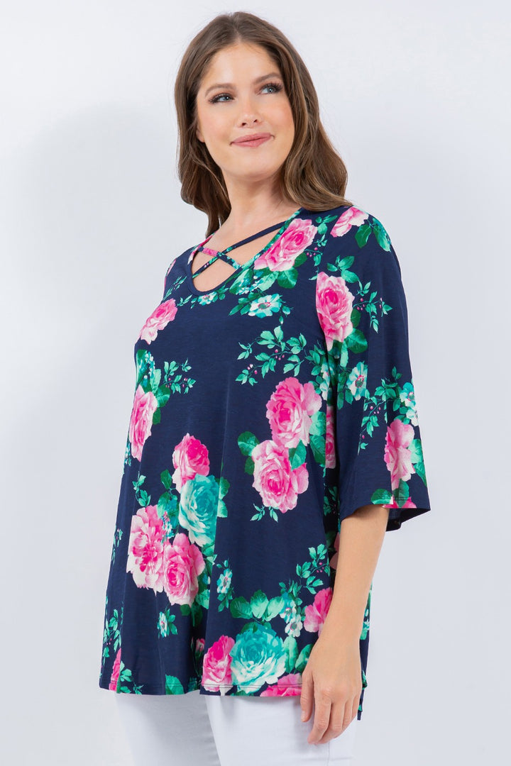 NAVY FLORAL PRINT TUNIC TOP