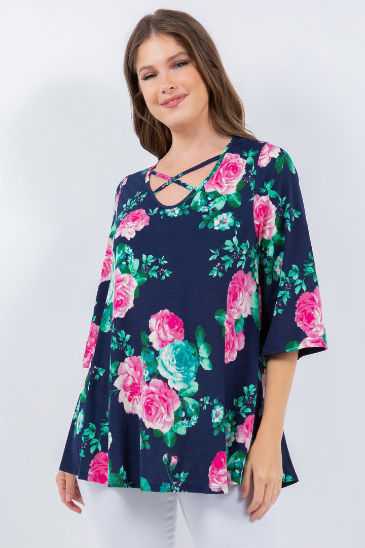 SHB5706X-Wholesale Navy FLORAL PRINT TUNIC TOP