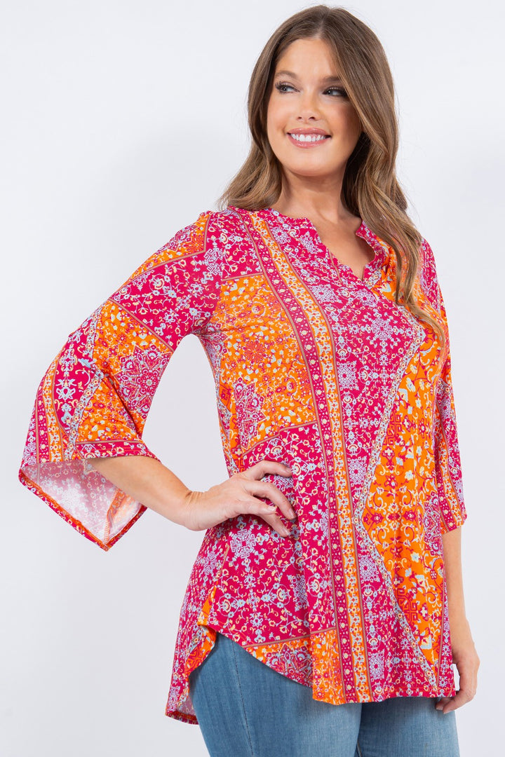 FUCHSIA SCARF PRINT V NECK TUNIC TOP