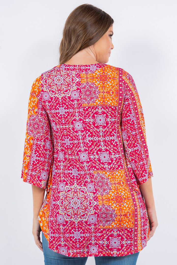 FUCHSIA SCARF PRINT V NECK TUNIC TOP