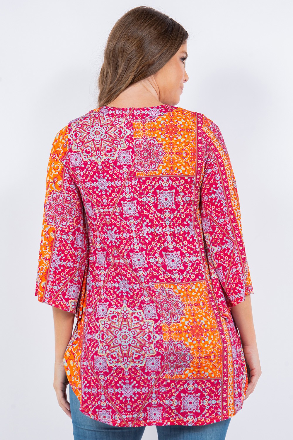 FUCHSIA SCARF PRINT V NECK TUNIC TOP
