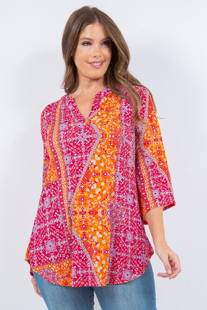 SHB5713-h-Wholesale Fuchsia SCARF PRINT V NECK TUNIC TOP