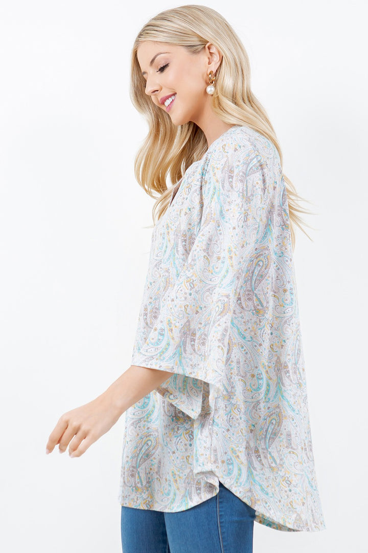 IVORY PAISLEY PRINT V NECK TUNIC TOP