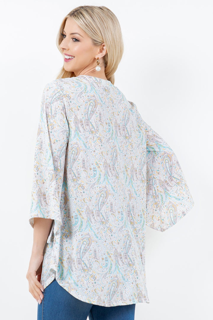 IVORY PAISLEY PRINT V NECK TUNIC TOP