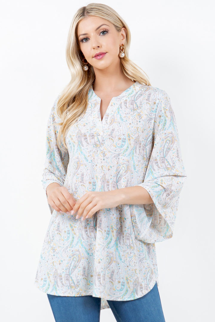 IVORY PAISLEY PRINT V NECK TUNIC TOP