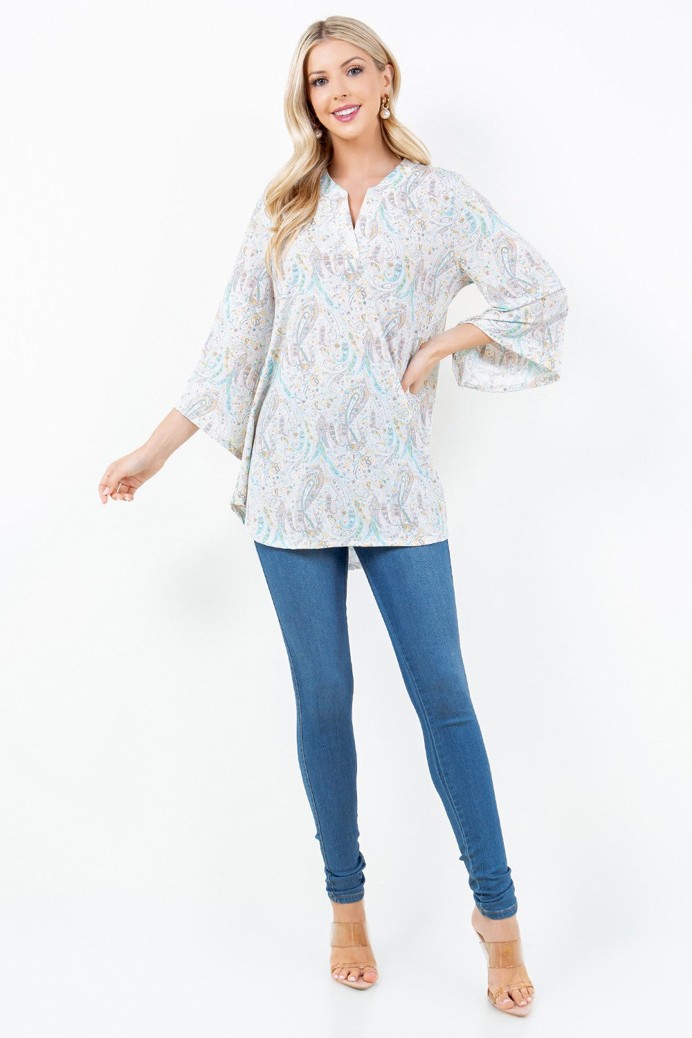 SHB5713-l-Wholesale Ivory PAISLEY PRINT V NECK TUNIC TOP