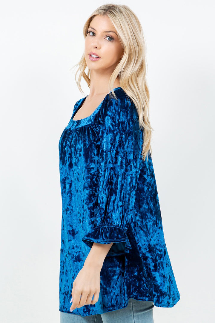BLUE RUFFLED SLEEVE VELVET TUNIC TOP