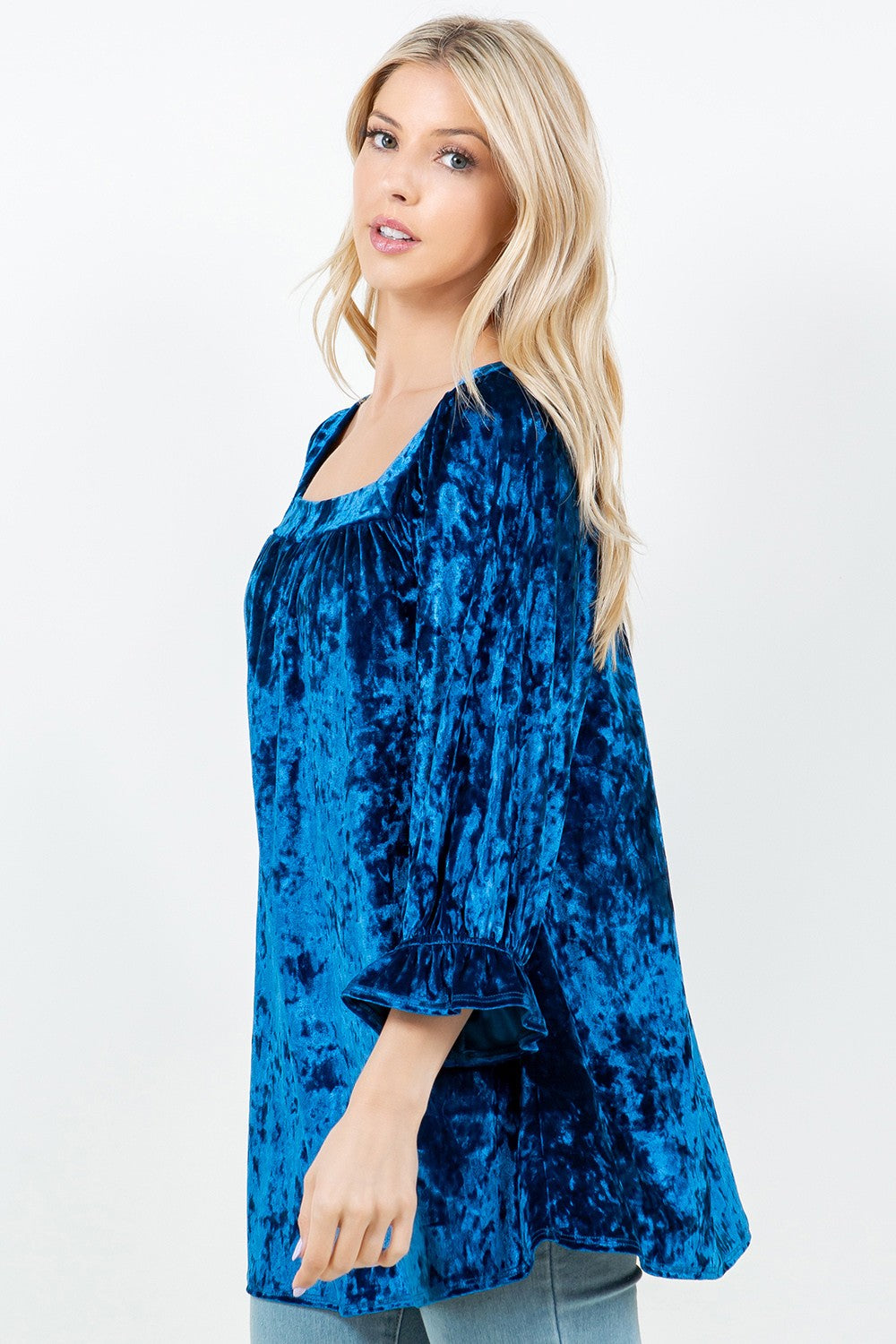 BLUE RUFFLED SLEEVE VELVET TUNIC TOP