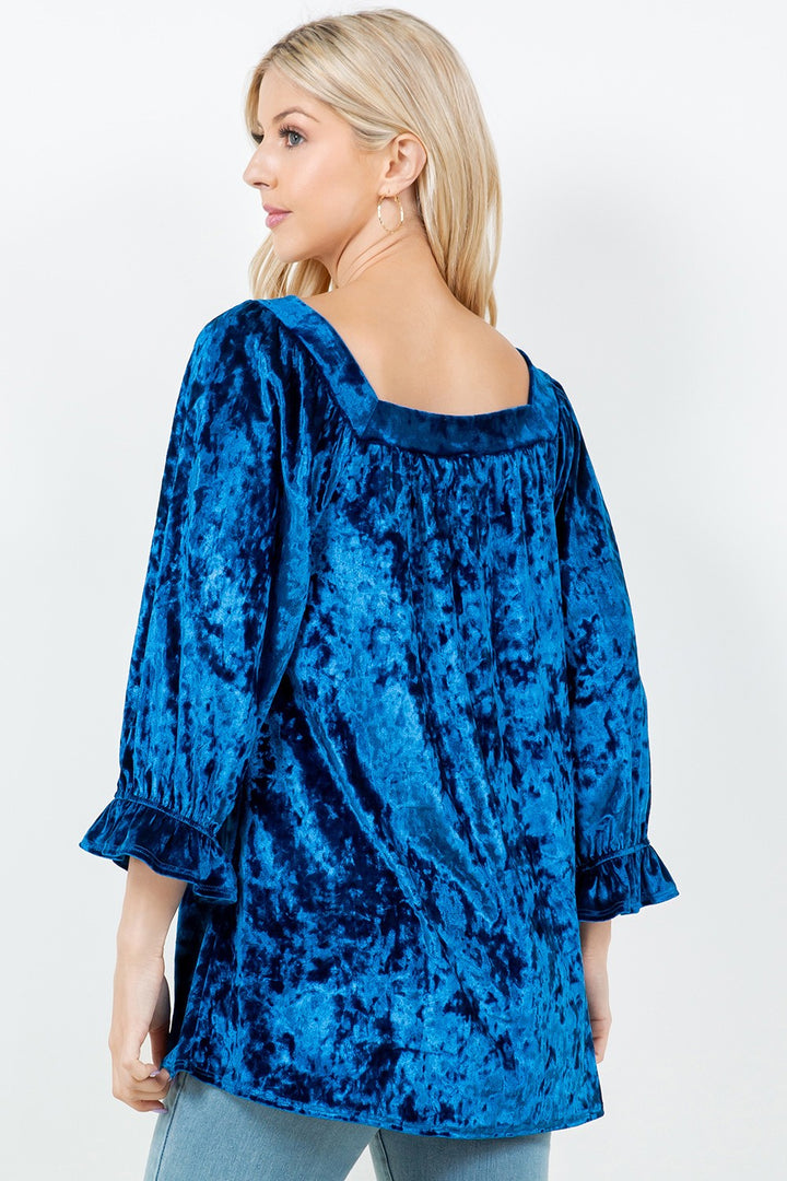 BLUE RUFFLED SLEEVE VELVET TUNIC TOP