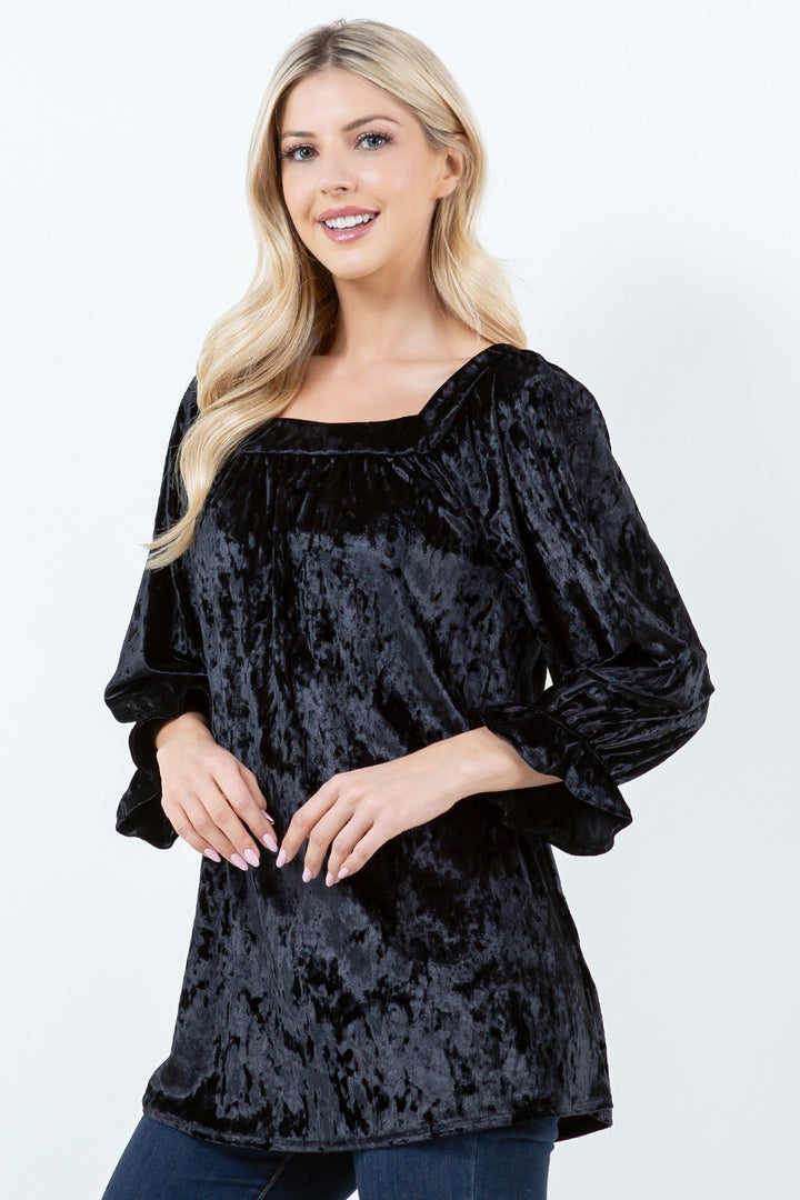 BLACK RUFFLED SLEEVE VELVET TUNIC TOP
