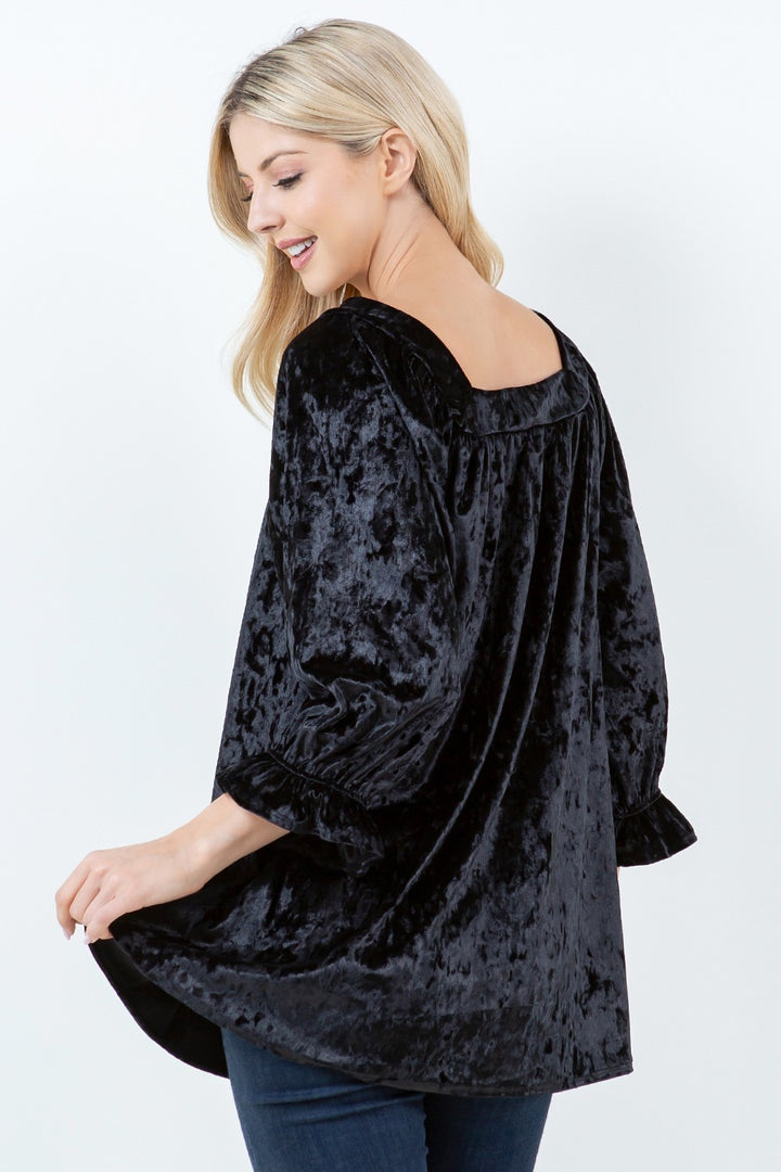 BLACK RUFFLED SLEEVE VELVET TUNIC TOP