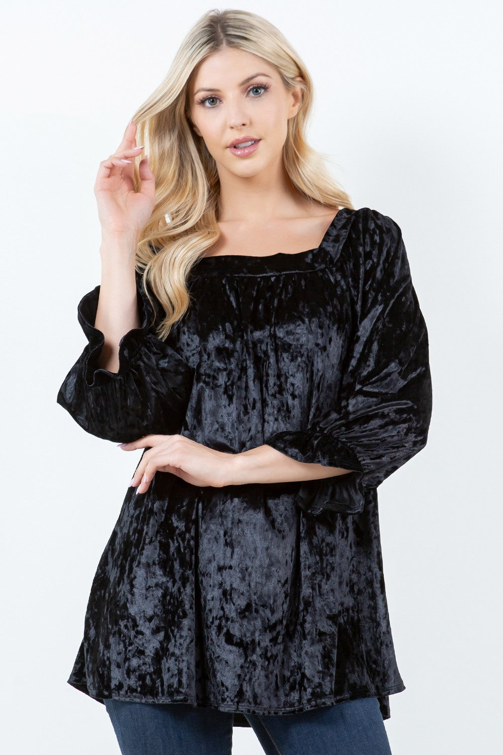 SHB5728-velvet-b-Wholesale Black RUFFLED SLEEVE VELVET TUNIC TOP