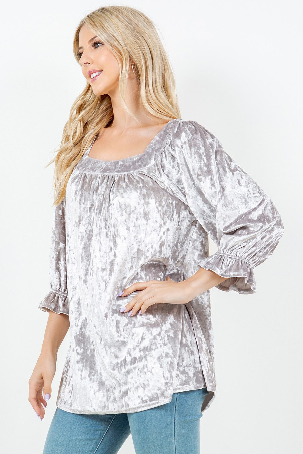 LIGHT-GRAY RUFFLED SLEEVE VELVET TUNIC TOP