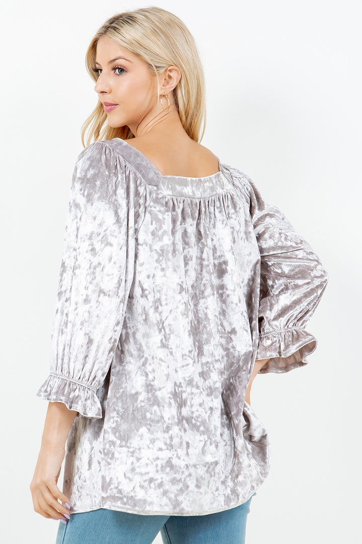 LIGHT-GRAY RUFFLED SLEEVE VELVET TUNIC TOP