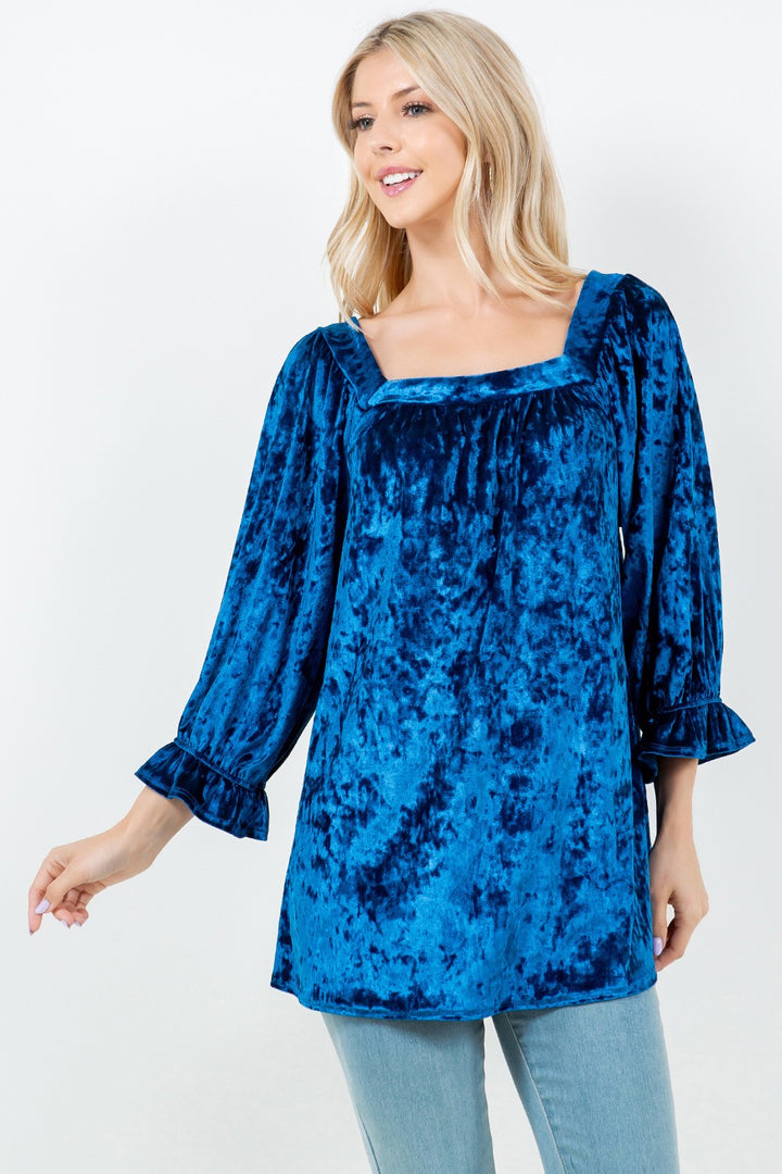 SHB5728-velvet-Wholesale Blue RUFFLED SLEEVE VELVET TUNIC TOP
