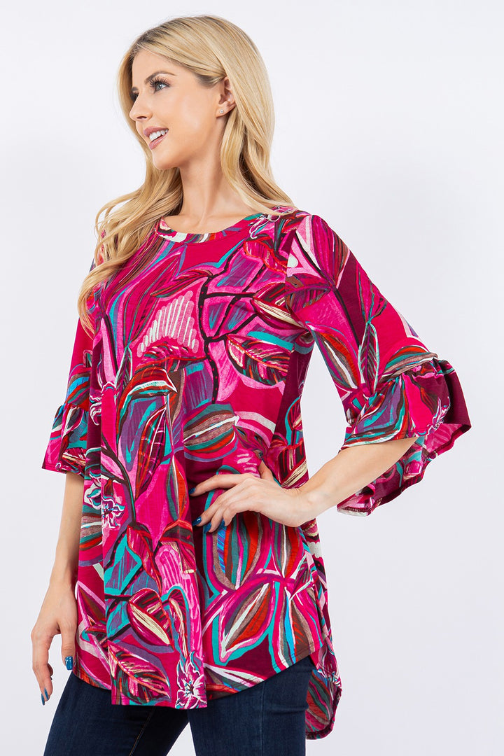 FUCHSIA TROPICAL PRINT TUNIC TOP DETAIL ON THE SLEEVES
