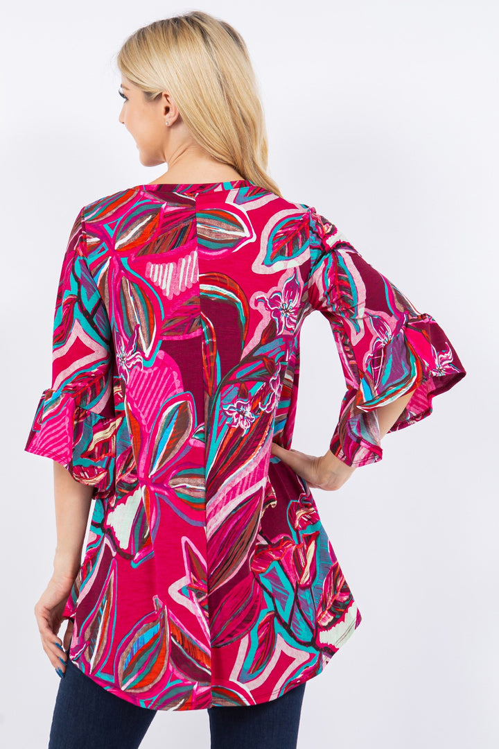FUCHSIA TROPICAL PRINT TUNIC TOP DETAIL ON THE SLEEVES