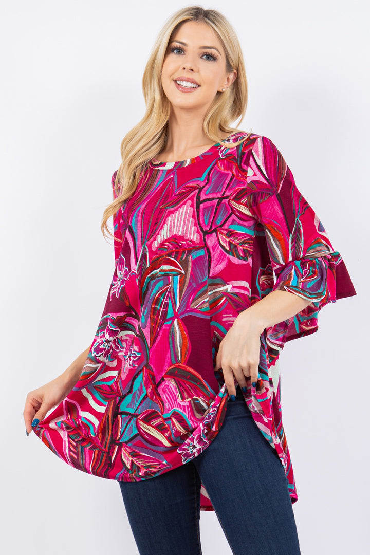 SHB5762X-ab-Wholesale Fuchsia TROPICAL PRINT TUNIC TOP DETAIL ON THE SLEEVES