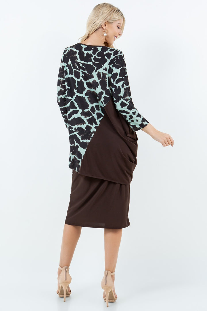 BROWN 3/4 SLEEVES ASYMMETRICL CONTRAST TUNIC TOP