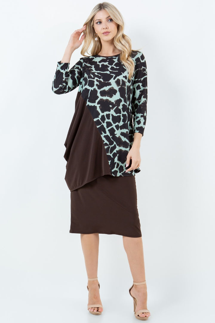 SHB5795X-a-Wholesale Brown 3/4 SLEEVES ASYMMETRICL CONTRAST TUNIC TOP 