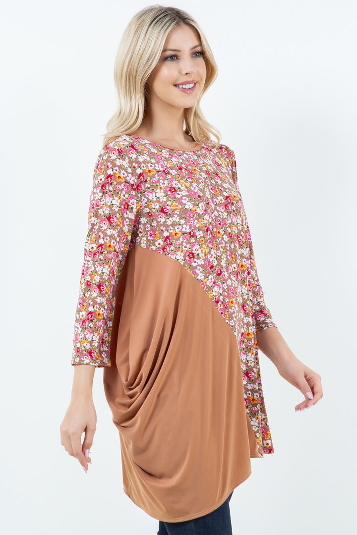 TAUPE 3/4 SLEEVES ASYMMETRICL CONTRAST TUNIC TOP