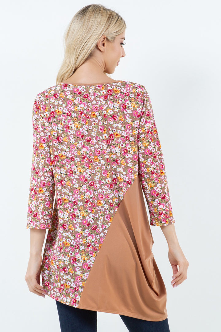 TAUPE 3/4 SLEEVES ASYMMETRICL CONTRAST TUNIC TOP