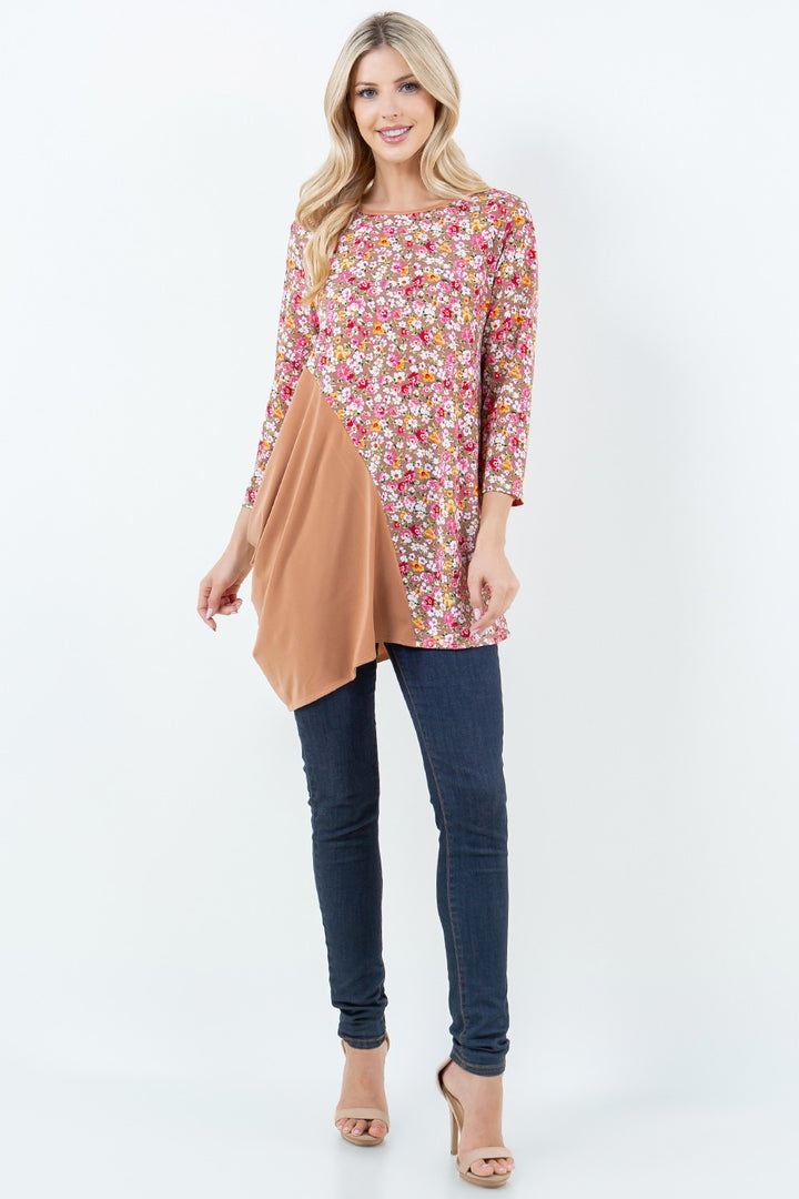 SHB5795X-b-Wholesale Taupe 3/4 SLEEVES ASYMMETRICL CONTRAST TUNIC TOP 