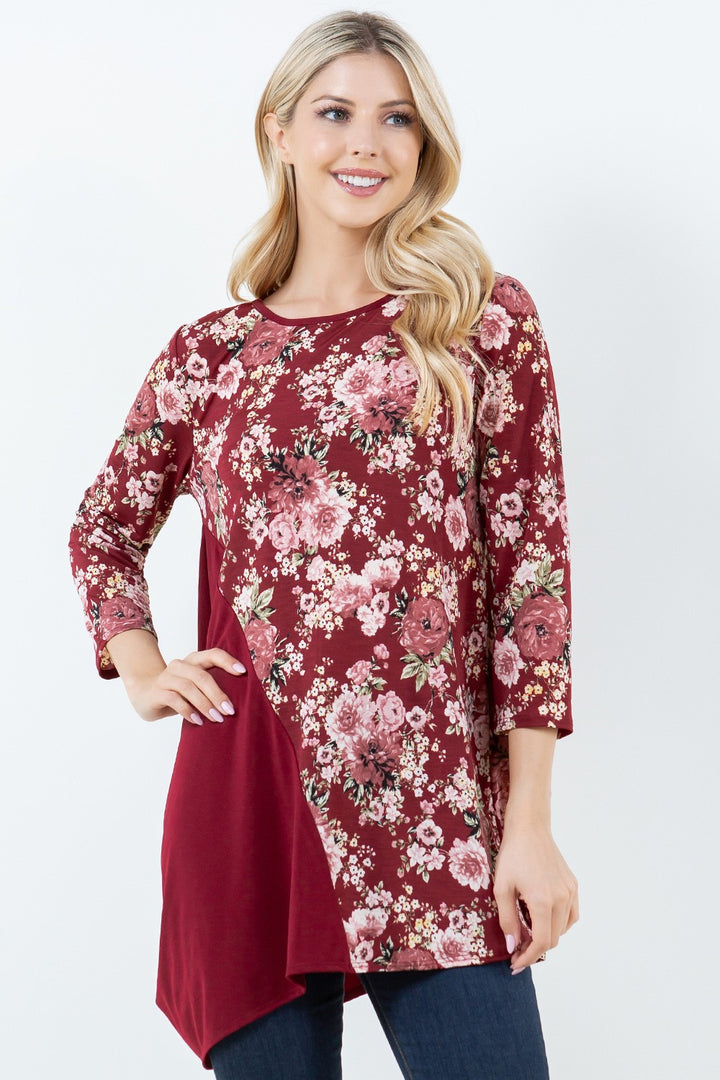 BURGUNDY 3/4 SLEEVES ASYMMETRICL CONTRAST TUNIC TOP
