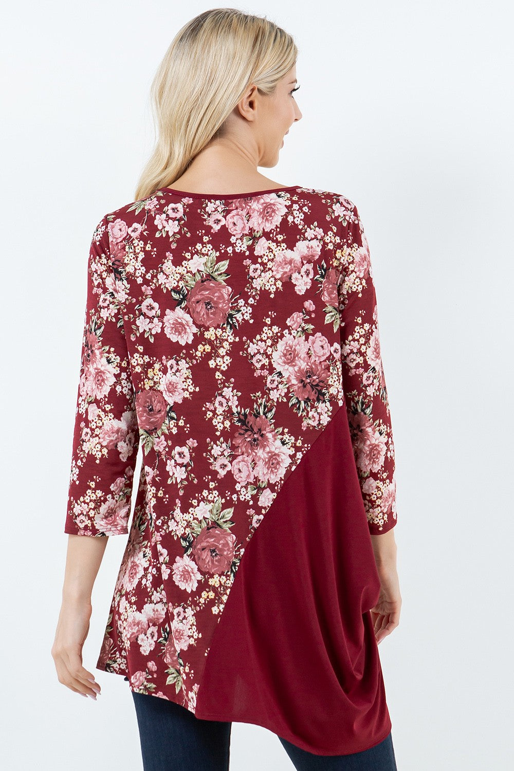 BURGUNDY 3/4 SLEEVES ASYMMETRICL CONTRAST TUNIC TOP
