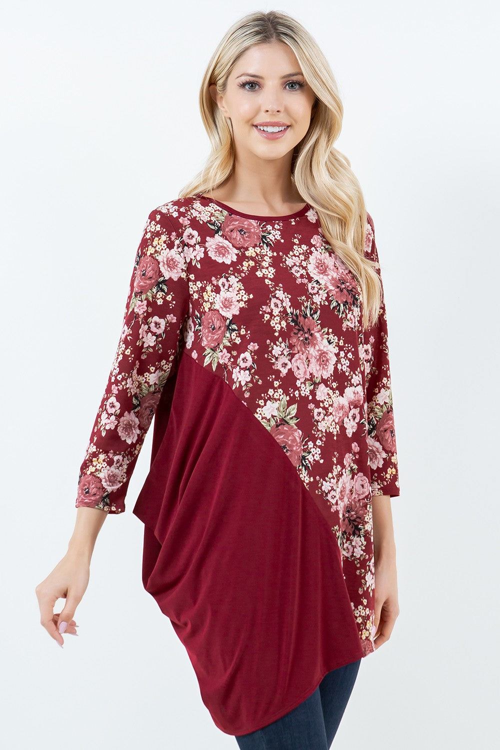 SHB5795-c-Wholesale Burgundy 3/4 SLEEVES ASYMMETRICL CONTRAST TUNIC TOP 