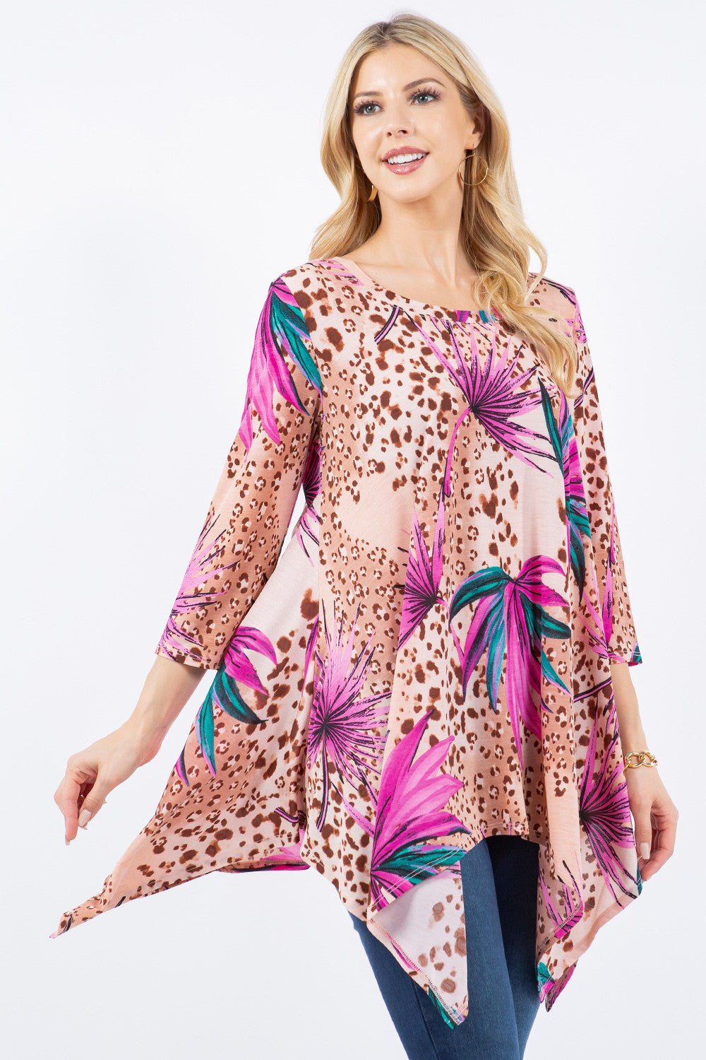 SHB5803-a-Wholesale Pink SHARKBITE 3/4 SLEEVES TUNIC TOP