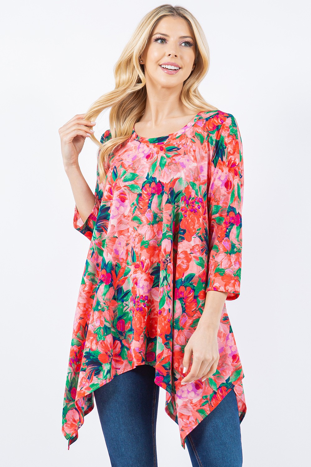 SHB5803X-c-Wholesale Coral SHARKBITE 3/4 SLEEVES TUNIC TOP