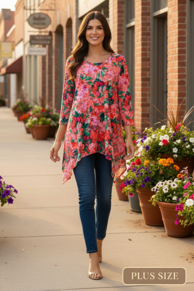 PLUS SIZE CORAL SHARKBITE 3/4 SLEEVES TUNIC TOP-SHB5803