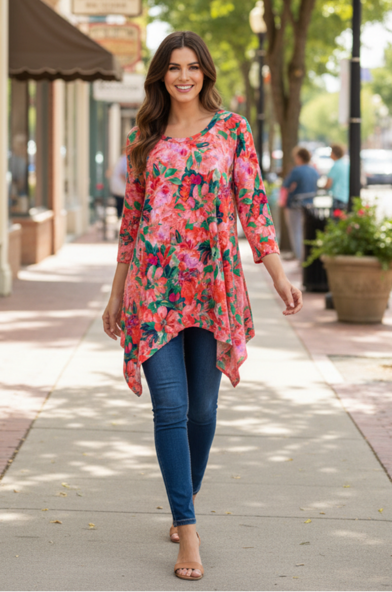 CORAL SHARKBITE 3/4 SLEEVES TUNIC TOP