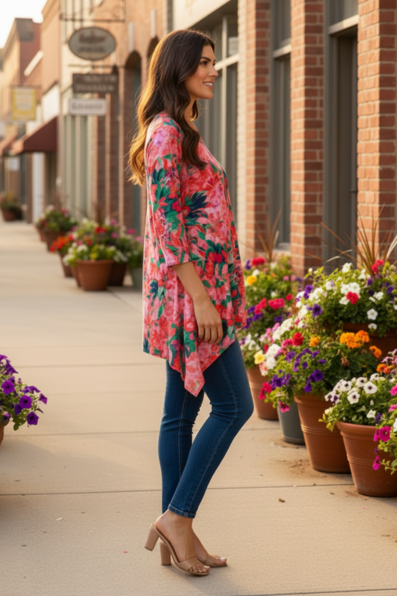 PLUS SIZE CORAL SHARKBITE 3/4 SLEEVES TUNIC TOP-SHB5803