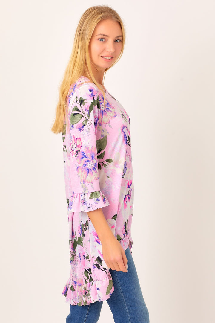 PINK 3/4 SLEEVES ASYMMETRIC RUFFLE HEM TUNIC TOP