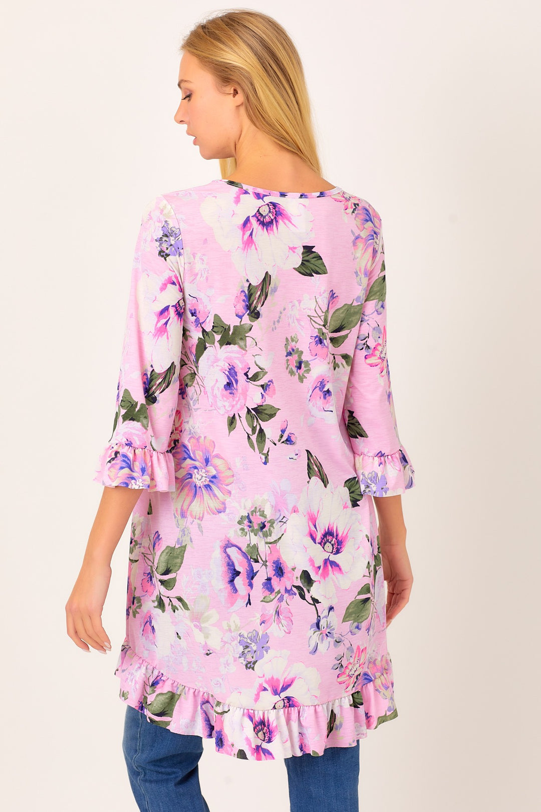 PINK 3/4 SLEEVES ASYMMETRIC RUFFLE HEM TUNIC TOP