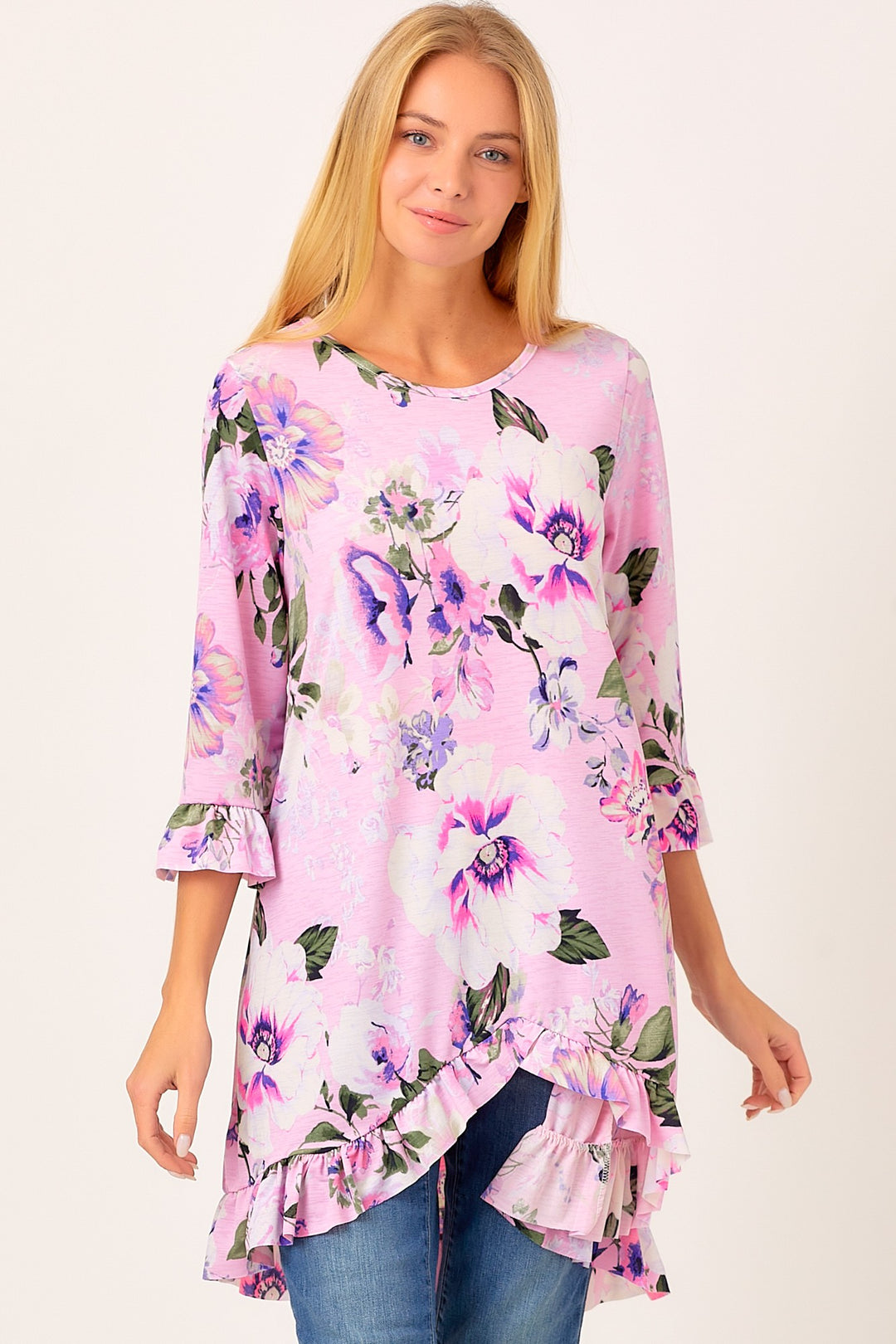 SHBB5836X-a-Wholesale Pink 3/4 SLEEVES ASYMMETRIC RUFFLE HEM TUNIC TOP