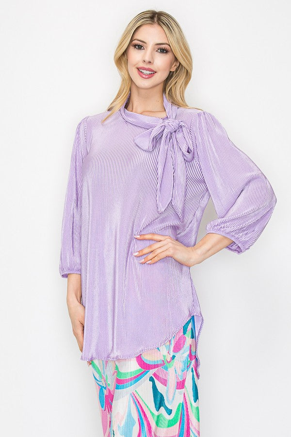 SHB5856X-bodre-Wholesale Lavender TIE-NECK 3/4 SLEEVES MODEST TUNIC TOP