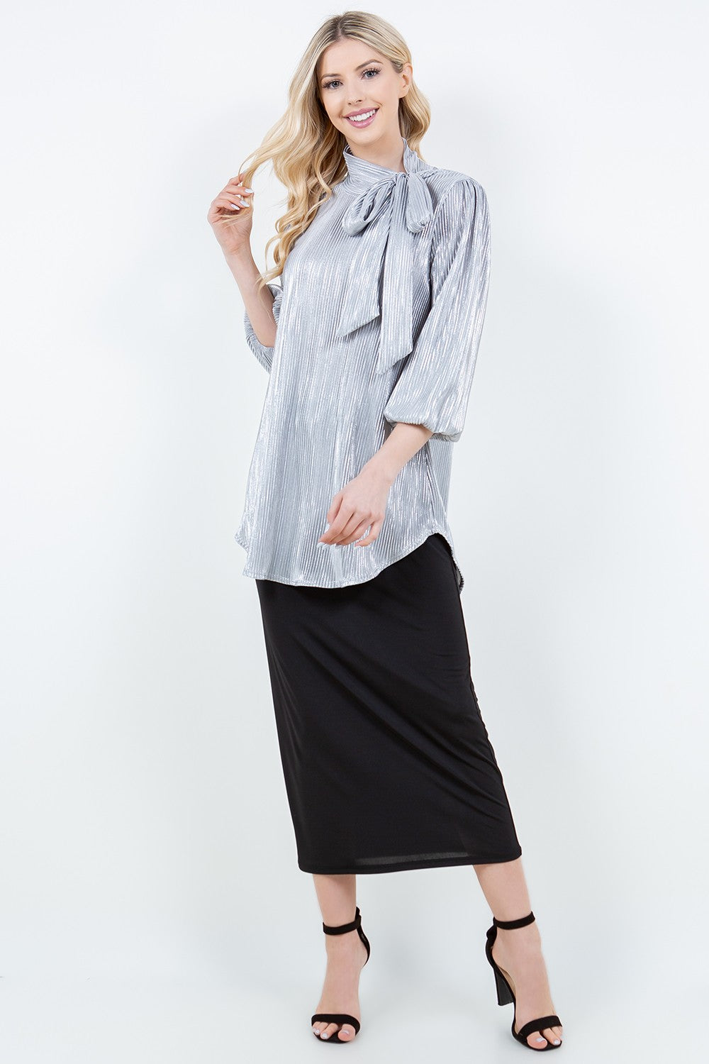 SHB5856x-mtl-Wholesale Silver TIE-NECK 3/4 SLEEVES MODEST TUNIC TOP 