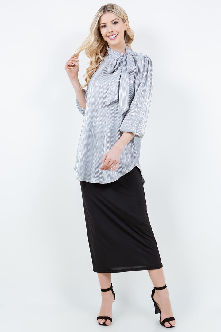SHB5856-mtl-Wholesale Silver TIE-NECK 3/4 SLEEVES MODEST TUNIC TOP