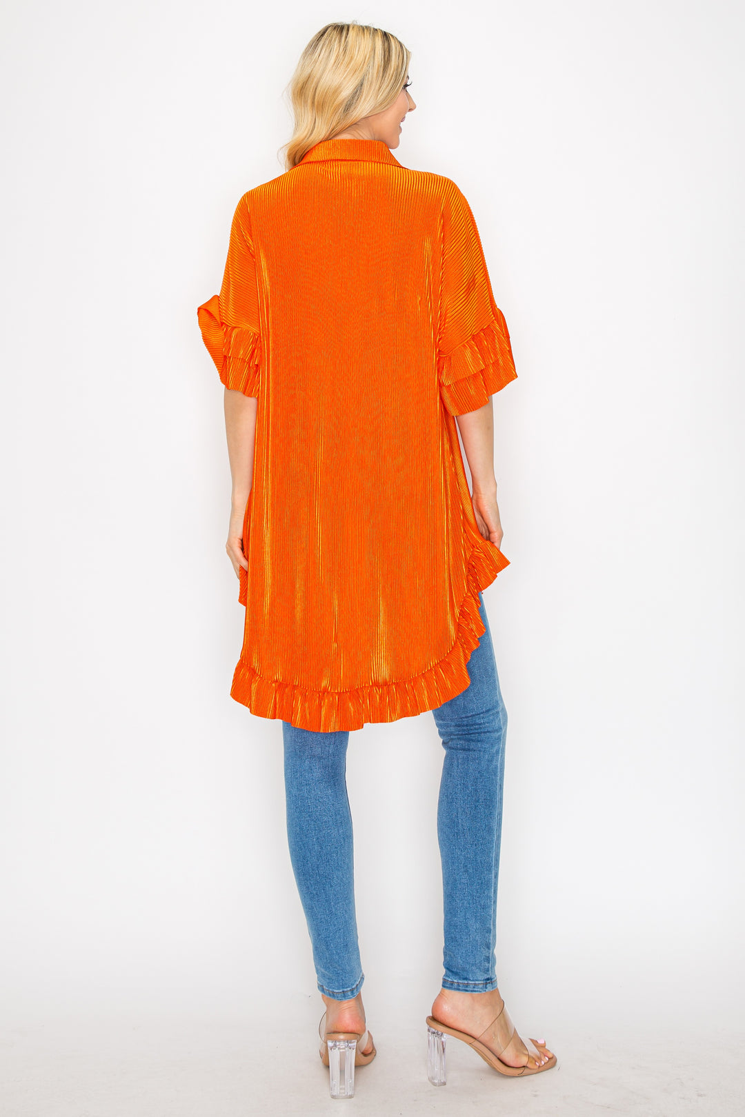 ORANGE HI-LOW RUFFLE SHIRT BLOUSE ELBOW SLEEVES