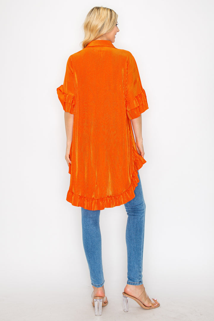 ORANGE HI-LOW RUFFLE SHIRT BLOUSE ELBOW SLEEVES