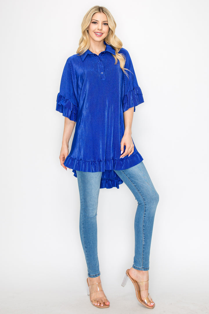 ROYAL HI-LOW RUFFLE SHIRT BLOUSE ELBOW SLEEVES