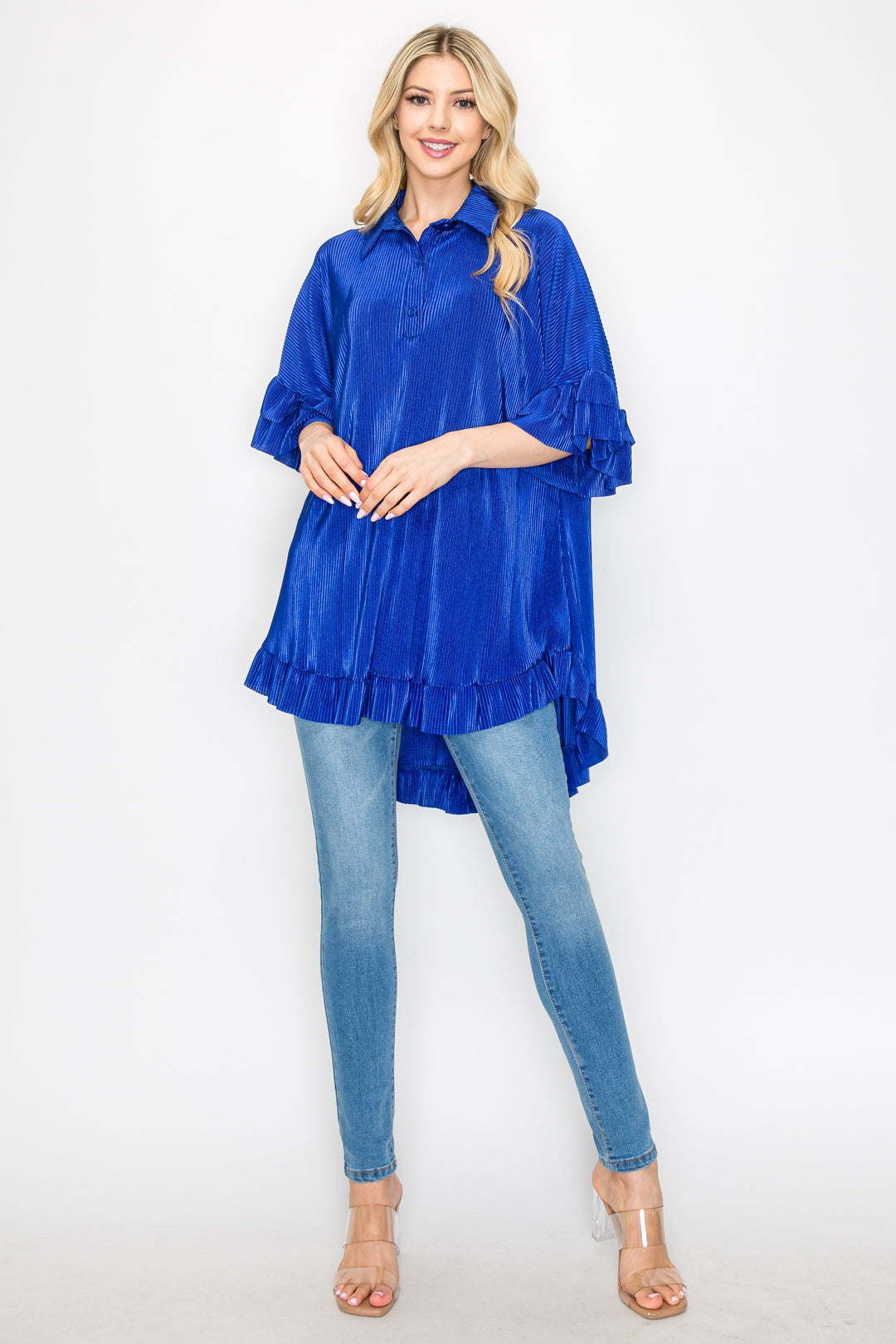 SHB5875X-bodre-Wholesale Royal HI-LOW RUFFLE SHIRT BLOUSE ELBOW SLEEVES