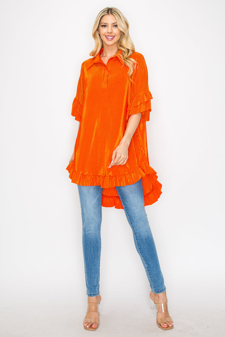 SHB5875-bodre-Wholesale Orange HI-LOW RUFFLE SHIRT BLOUSE ELBOW SLEEVES